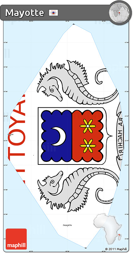 Flag Simple Map of Mayotte, single color outside, borders and labels, flag aligned to the middle