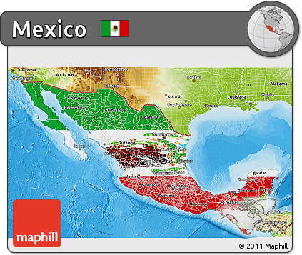 Flag 3D Map of Mexico, physical outside, bathymetry sea, flag rotated