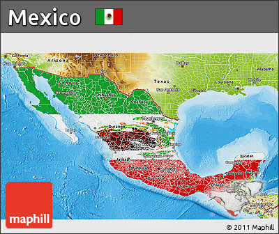 Flag 3D Map of Mexico, physical outside, bathymetry sea, flag rotated