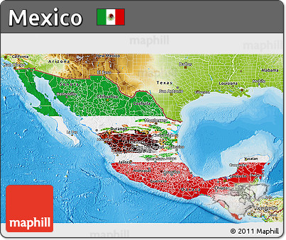 Flag 3D Map of Mexico, physical outside, bathymetry sea, flag rotated