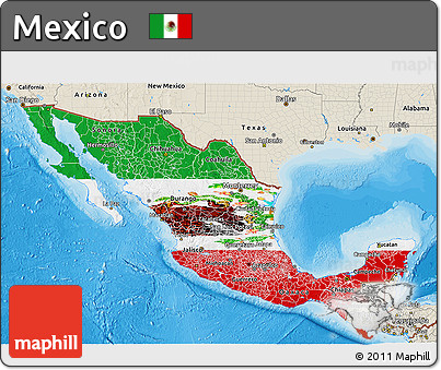 Flag 3D Map of Mexico, shaded relief outside, bathymetry sea, flag rotated