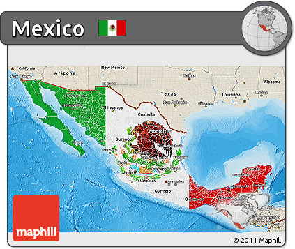 Flag 3D Map of Mexico, shaded relief outside, bathymetry sea