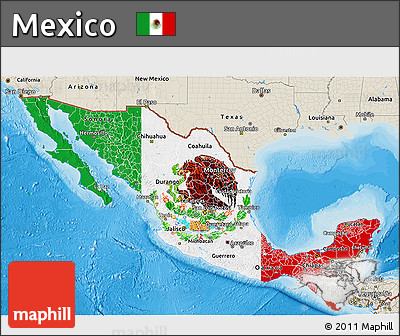 Flag 3D Map of Mexico, shaded relief outside, bathymetry sea