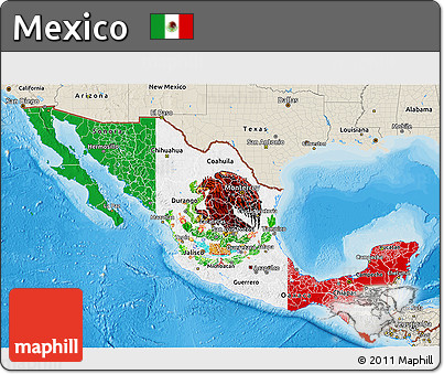 Flag 3D Map of Mexico, shaded relief outside, bathymetry sea