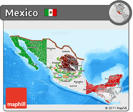Flag 3D Map of Mexico, single color outside, bathymetry sea, flag centered