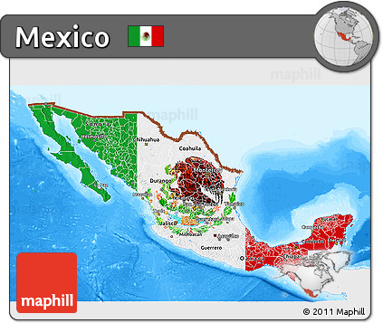 Flag 3D Map of Mexico, single color outside, bathymetry sea