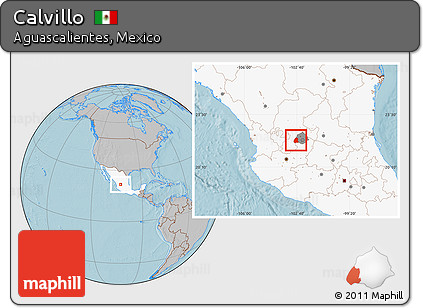 Gray Location Map of Calvillo, highlighted country, highlighted parent region, hill shading