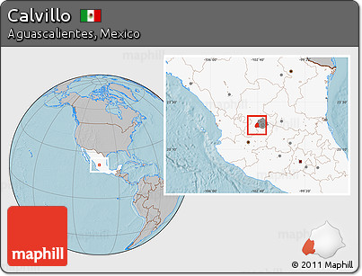 Gray Location Map of Calvillo, highlighted country, highlighted parent region, hill shading