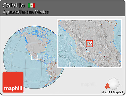 Gray Location Map of Calvillo, highlighted parent region, hill shading