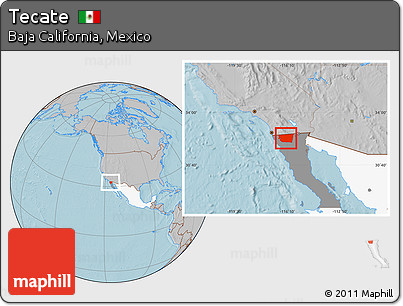 Gray Location Map of Tecate, highlighted country, highlighted parent region, hill shading