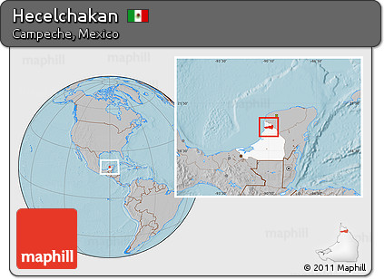 Gray Location Map of Hecelchakan, highlighted parent region, hill shading