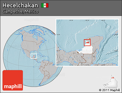 Gray Location Map of Hecelchakan, highlighted parent region, hill shading