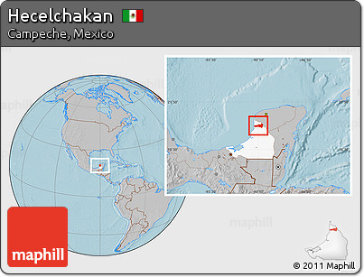 Gray Location Map of Hecelchakan, highlighted parent region, hill shading