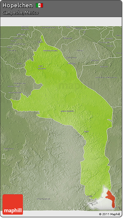 Physical 3D Map of Hopelchen, semi-desaturated