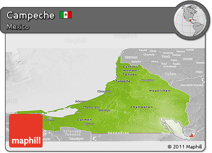 Physical Panoramic Map of Campeche, lighten, desaturated