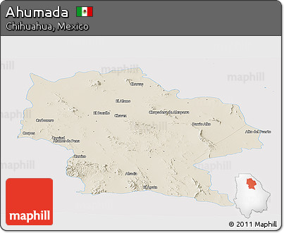Shaded Relief Panoramic Map of Ahumada, single color outside