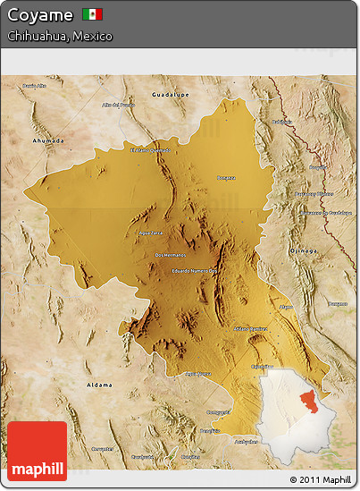 Physical 3D Map of Coyame, satellite outside