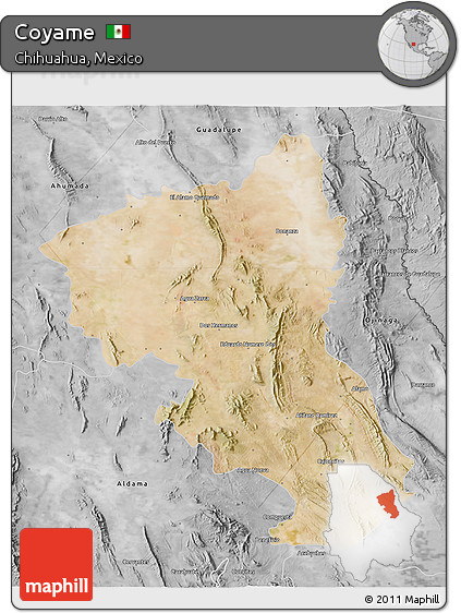 Satellite 3D Map of Coyame, desaturated