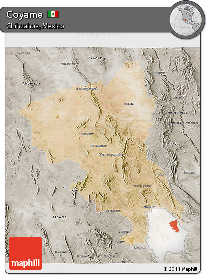 Satellite 3D Map of Coyame, semi-desaturated