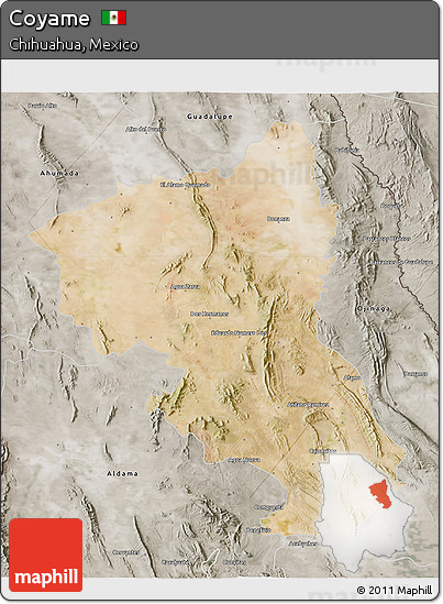 Satellite 3D Map of Coyame, semi-desaturated