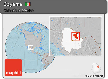 Gray Location Map of Coyame, highlighted parent region, hill shading