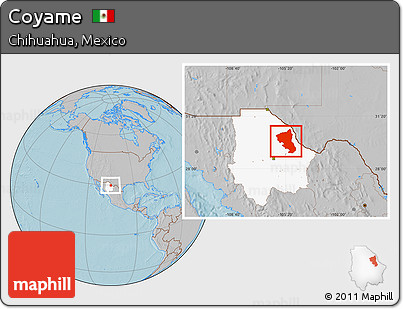 Gray Location Map of Coyame, highlighted parent region, hill shading