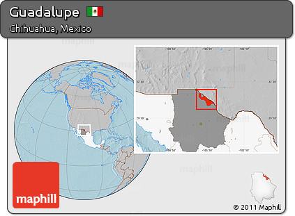 Gray Location Map of Guadalupe, highlighted country, highlighted parent region, hill shading