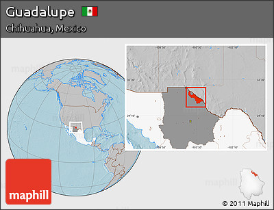 Gray Location Map of Guadalupe, highlighted country, highlighted parent region, hill shading