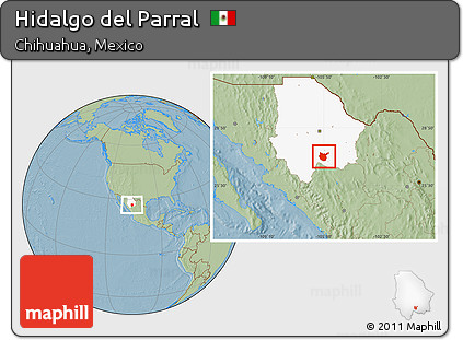 Savanna Style Location Map of Hidalgo Del Parral, highlighted parent region, hill shading