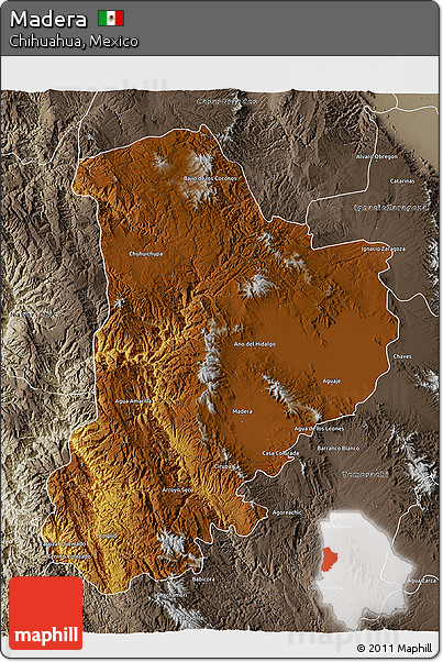 Physical 3D Map of Madera, semi-desaturated