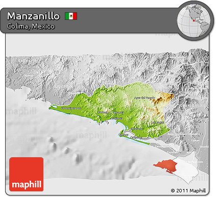 Physical 3D Map of Manzanillo, lighten, desaturated
