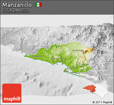 Physical 3D Map of Manzanillo, lighten, desaturated