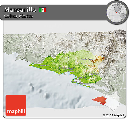 Physical 3D Map of Manzanillo, lighten, semi-desaturated