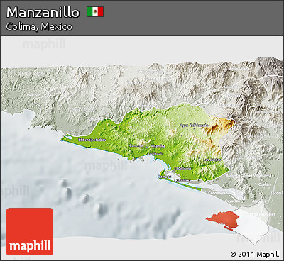 Physical 3D Map of Manzanillo, lighten, semi-desaturated