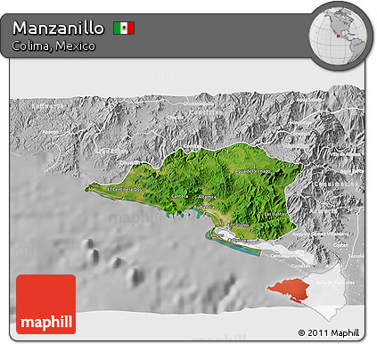 Satellite 3D Map of Manzanillo, lighten, desaturated