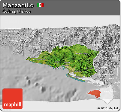 Satellite 3D Map of Manzanillo, lighten, desaturated