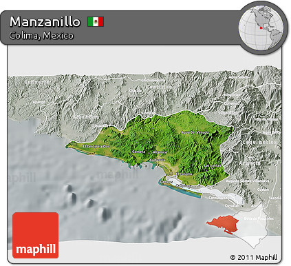 Satellite 3D Map of Manzanillo, lighten, semi-desaturated