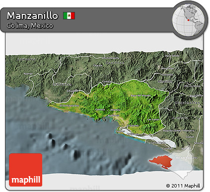 Satellite 3D Map of Manzanillo, semi-desaturated