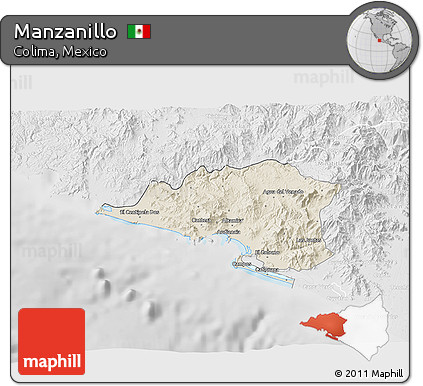 Shaded Relief 3D Map of Manzanillo, lighten, desaturated