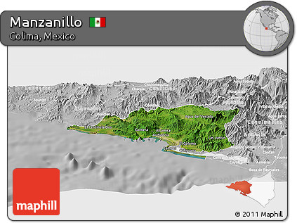 Satellite Panoramic Map of Manzanillo, lighten, desaturated
