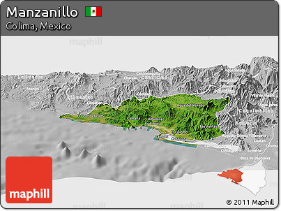 Satellite Panoramic Map of Manzanillo, lighten, desaturated