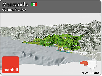 Satellite Panoramic Map of Manzanillo, lighten, semi-desaturated