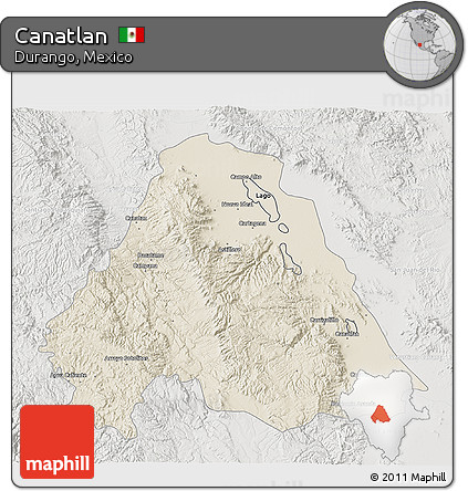 Shaded Relief 3D Map of Canatlan, lighten, semi-desaturated