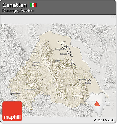 Shaded Relief 3D Map of Canatlan, lighten, semi-desaturated