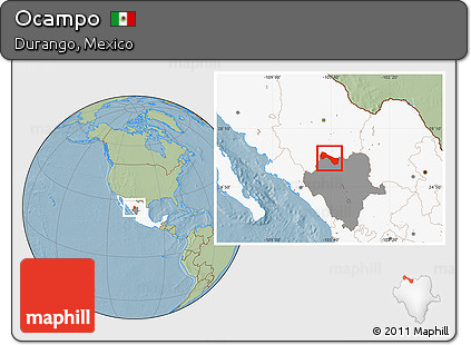 Savanna Style Location Map of Ocampo, highlighted country, highlighted parent region, hill shading