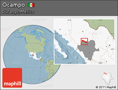 Savanna Style Location Map of Ocampo, highlighted country, highlighted parent region, hill shading