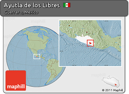 Savanna Style Location Map of Ayutla De Los Libres, highlighted parent region, hill shading