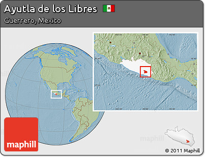 Savanna Style Location Map of Ayutla De Los Libres, highlighted parent region, hill shading