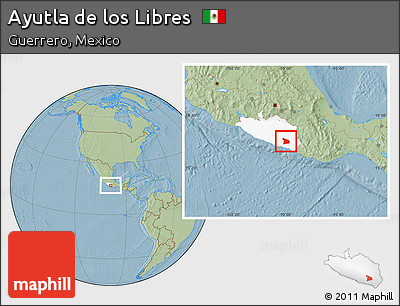 Savanna Style Location Map of Ayutla De Los Libres, highlighted parent region, hill shading