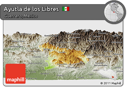 Physical Panoramic Map of Ayutla De Los Libres, semi-desaturated